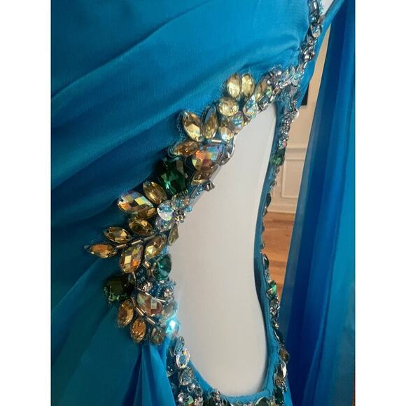PRECIOUS FORMAL NWT BLUE JEWELED ONE SHOULDER GOWN WAIST JEWELED CUTOUT WOMENS 4 - Picture 7 of 16